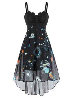 Mesh Ruched Galaxy Star Planet Print Corset Style High Low Cami Dress