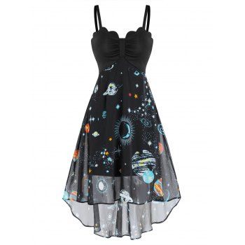 

Mesh Ruched Galaxy Star Planet Print Corset Style High Low Cami Dress, Black