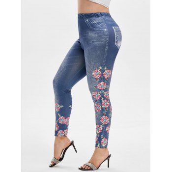 

Plus Size Flower 3D Jean Print High Rise Jeggings, Deep blue