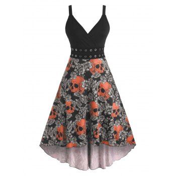 

Halloween Skull Floral Grommets High Low Surplice Dress, Halloween orange