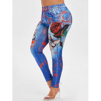 

Plus Size Rose Butterfly 3D Halloween Print High Rise Jeggings, Blue