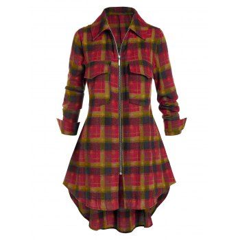 

Plus Size Plaid Zip Dual Pocket Tunic Blouse, Firebrick