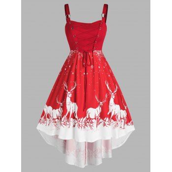 

Plus Size Christmas Elk Snowflake Lace Up O Ring Dress, Red