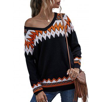 

Geo Pattern Raglan Sleeve Sweater, Black