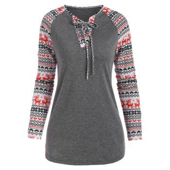 

Hallowmas Elk Snowflake Lace-up Raglan Sleeve Top, Gray