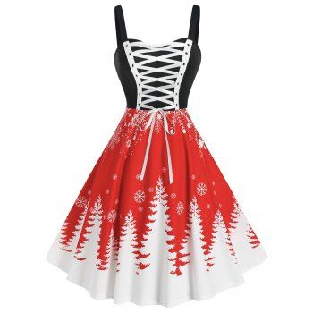 

Christmas Party Dress Tree Print Lace Up Flare Dress, Red