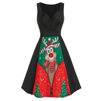 

Christmas Elk Printed Fit and Flare Mini Dress, Black