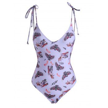 

Feather Owl Print Tie Shoulder Backless One-piece Swimsuit, Light purple