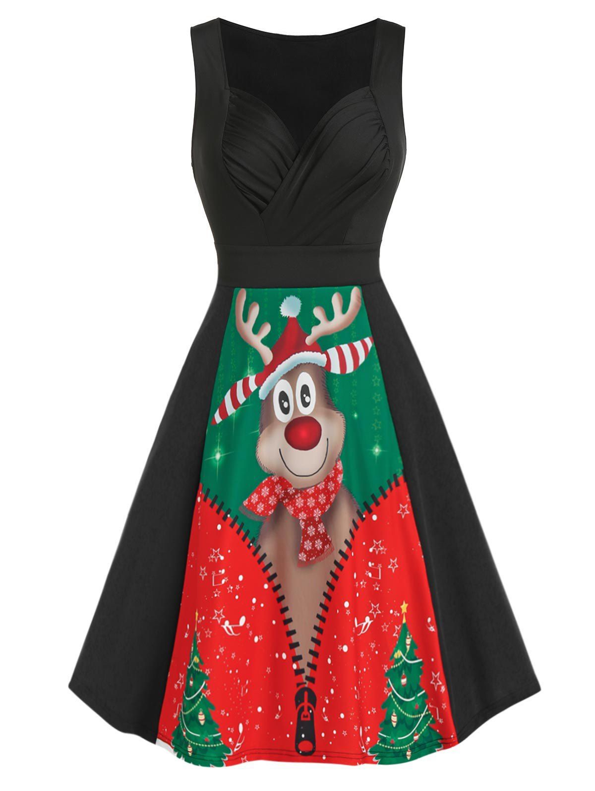 Christmas Elk Printed Fit and Flare Mini Dress - BLACK L