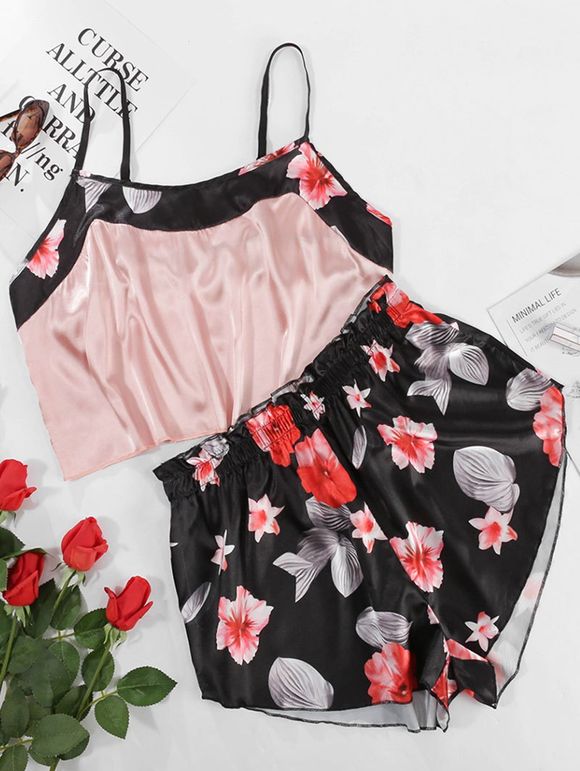Ensemble Pyjama Haut à Bretelle Fine Floral Grande-Taille et Short - Rose clair 4XL