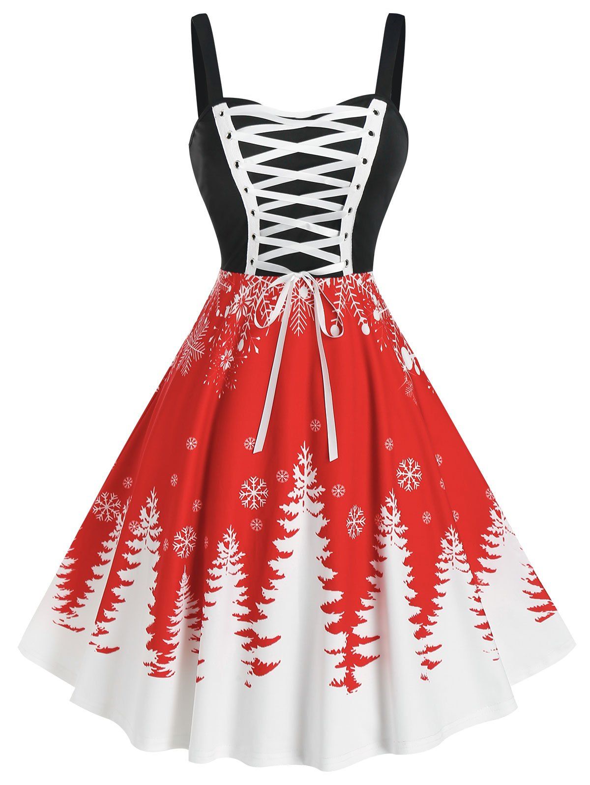 Christmas Tree Print Lace Up Flare Dress - RED 3XL