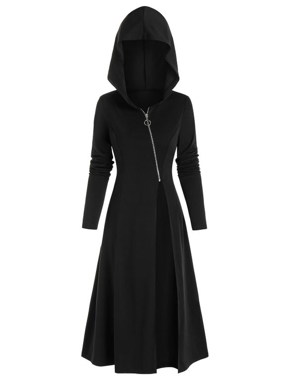 Manteau Zippé Oblique avec Fente Élevée à Lacets - Noir 2XL