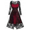 Ensemble de Robe Crâne en Dentelle de Grande Taille à Lacets et de Robe à Bretelle - Rouge Vineux 5X