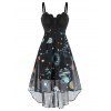 Mesh Ruched Galaxy Star Planet Print Corset Style High Low Cami Dress - BLACK XL