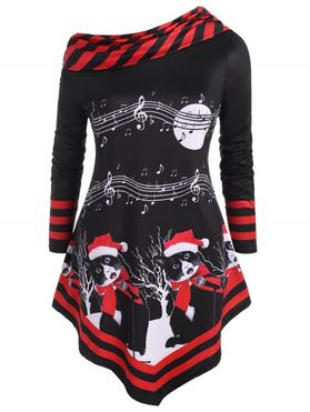 Christmas Cat Stripes Panel Musical Note Print Plus Size Top