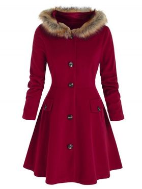 Plus Size Hooded Faux Fur Button Front Skirted Coat