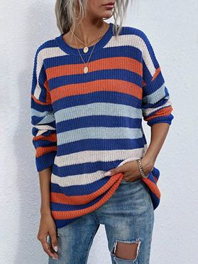 Crewneck Colorful Striped Tunic Sweater