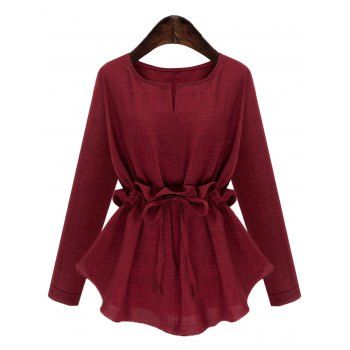 

Plus Size V Neck Drawstring Top, Deep red