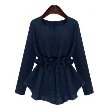 

Plus Size V Neck Drawstring Top, Deep blue