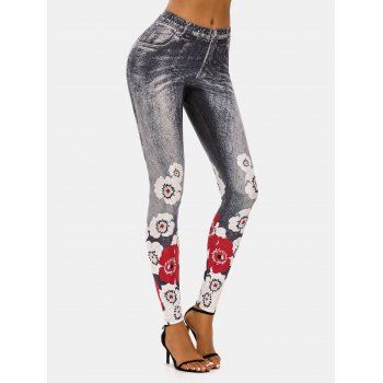 

3D Print Flower High Waisted Jeggings, Gray