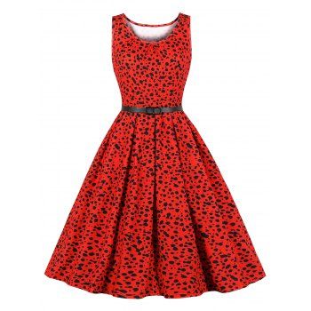 

Allover Printed Belted Flared Retro Dress, Red