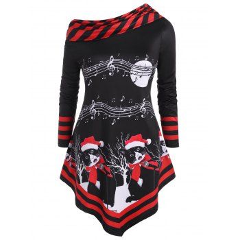 

Christmas Cat Stripes Panel Musical Note Print Plus Size Top, Red