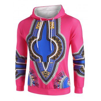 

Kangaroo Pocket Dashiki Print Drawstring Hoodie, Dark carnation pink