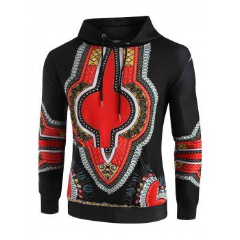 

Kangaroo Pocket Dashiki Print Drawstring Hoodie, Black