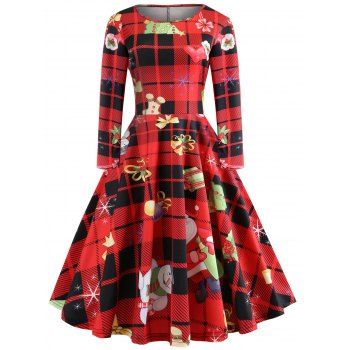 

Long Sleeve Plaid Heart Snowflake Elk Christmas Dress, Deep red