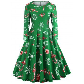 

Long Sleeve Plaid Heart Snowflake Elk Christmas Dress, Deep green