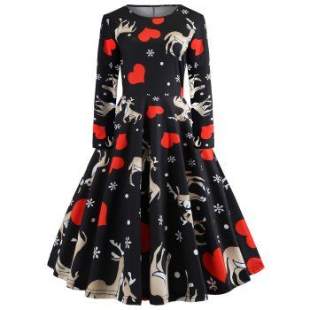 

Long Sleeve Plaid Heart Snowflake Elk Christmas Dress, Black