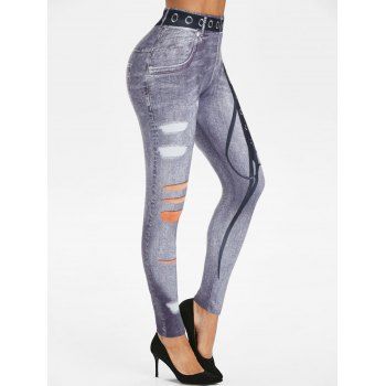 

Lace-up 3D Print Skinny Jeggings, Light gray