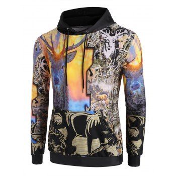 

Kangaroo Pocket Christmas Elk Print Drawstring Hoodie, Orange gold