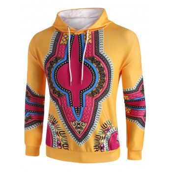 

Kangaroo Pocket Dashiki Print Drawstring Hoodie, Sun yellow