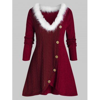 

Plus Size Fluffy Collar Button Braid Sweater, Red wine