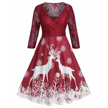 

Plus Size Lace Sheer Christmas Snowflake A Line Dress, Red wine
