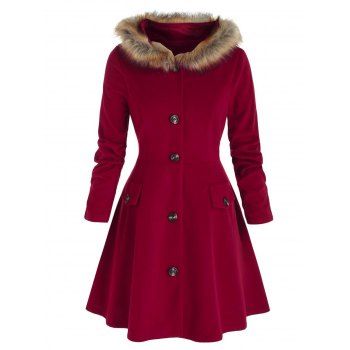 

Plus Size Hooded Faux Fur Button Front Skirted Coat, Red wine
