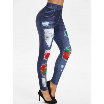

3D Ripped Jean Print Christmas Jeggings, Denim dark blue