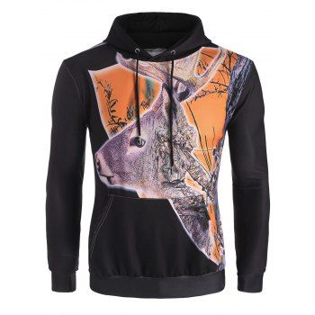 

Kangaroo Pocket Elk Print Drawstring Hoodie, Black