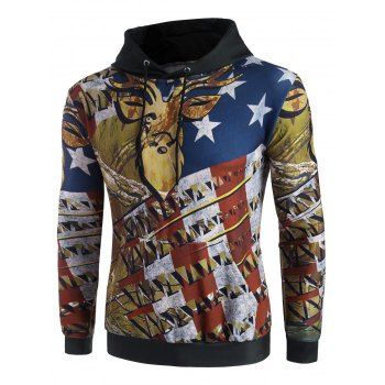 

American Flag Elk Print Kangaroo Pocket Hoodie, Cookie brown