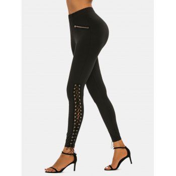 Image of Lace-up Applique High Waisted Zip Skinny Pants