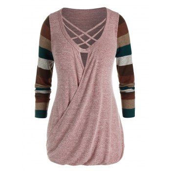 

Plus Size Striped Lattice Blouson Knit Tunic Tee, Light pink