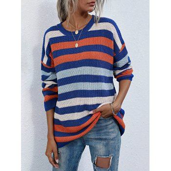 

Crewneck Colorful Striped Tunic Sweater, Blue