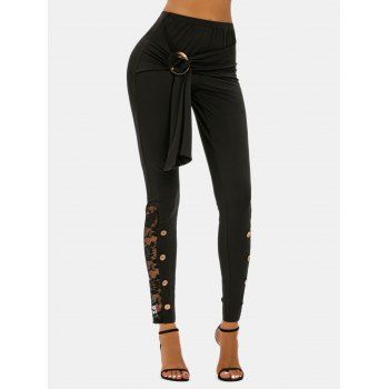 

Button Ring Detail Lace Panel Skinny Pants, Black