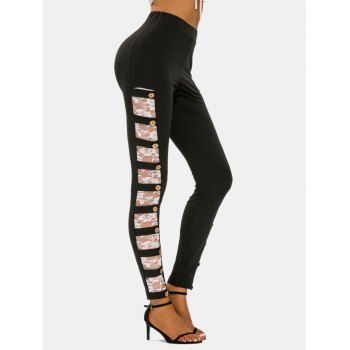 

Lace Insert Mock Button Ladder Cut Pants, Black