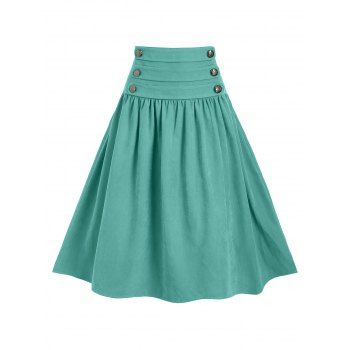 

Mock Button Lace Up High Waist A Line Skirt, Dark turquoise