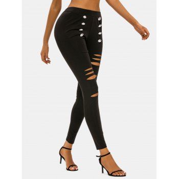 

Ripped Sailor Button High Rise Skinny Pants, Black
