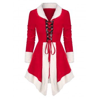 

Fluffy Panel Colorblock Flare Dress, Red