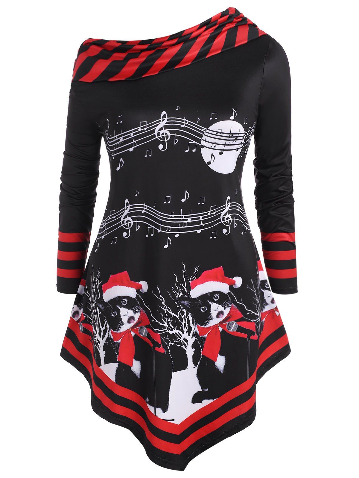 Christmas Cat Stripes Panel Musical Note Print Plus Size Top - RED 4X