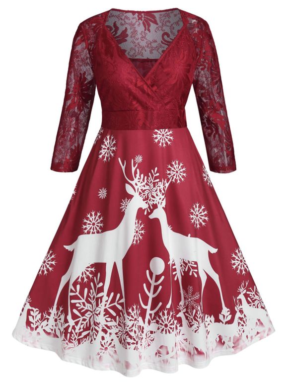 Robe de Noël Ligne A en Dentelle Transparente Flocon de Neige de Grande Taille - Rouge Vineux 3X